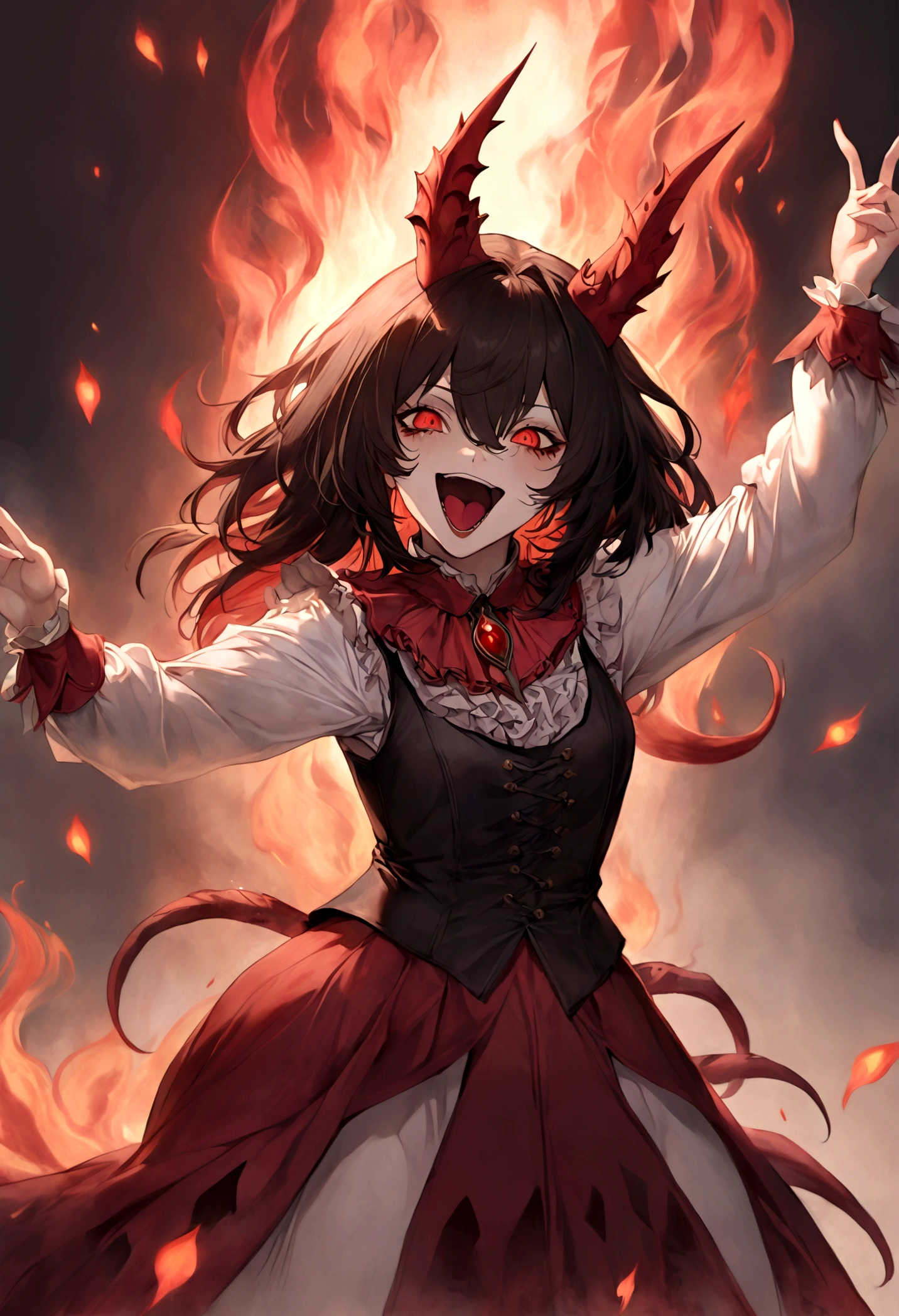 Jester, Red, Black, Rakdos, High Quality, Laughing, Female, Black Sclera, Red Iris, Fire, Magic the Gathering, Androgynous, Adult, Psychopath, Circus, Dancing, Solo, Theatre, Performer, Look Away, Black long Hair, Hair Falling over Face, 30 years old, Milf, Grown Up, Not young looking, Pale, red markings under the eyes; do not look at camera, look up