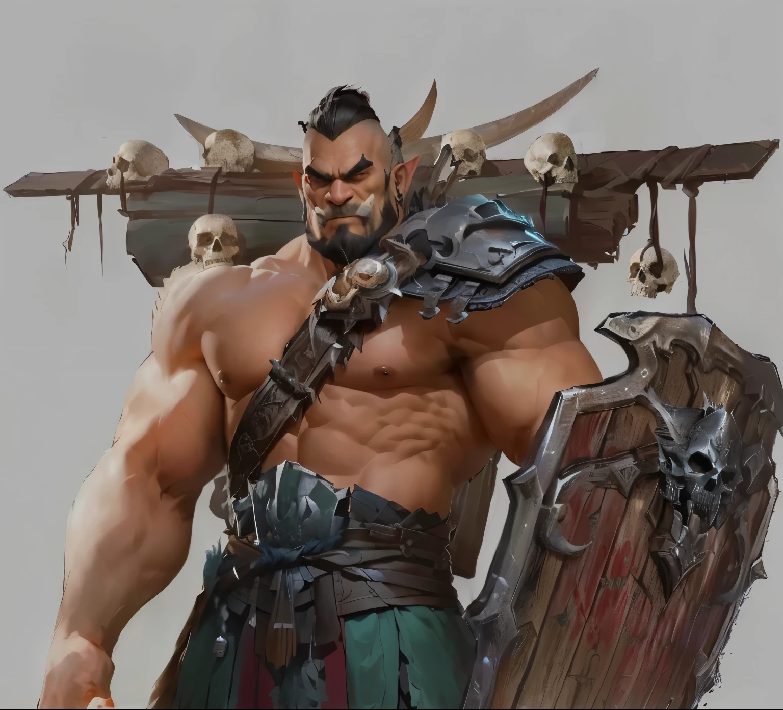 There is a man with a sword and a shield,There are skeletons on it, barbarian class, Tyler Edlin Fantasy Art, by Wuzhun Shifan, feng zhu concept art, barbarian, Warrior concept art, Grog Stromger, by Feng Zhu, author:Chen Zhou, author:Yang Jie, photo of adult male warrior