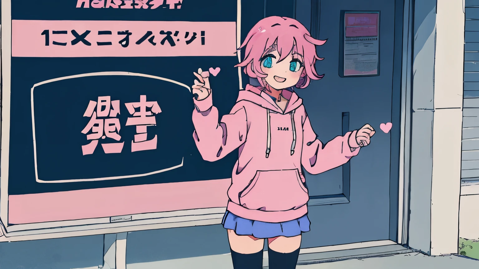 anime girl, short pink hair, pink hoodie, blue skirt, black legwear, choker, standing holding a sign, happy smiling, hearts