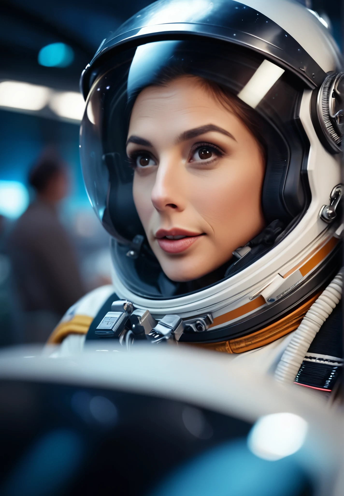 cinematic film still selfie portrait photo of space pilot, shallow depth of field, vignette, highly detailed, high budget Hollywood film, bokeh, cinemascope, moody, epic, gorgeous, film grain