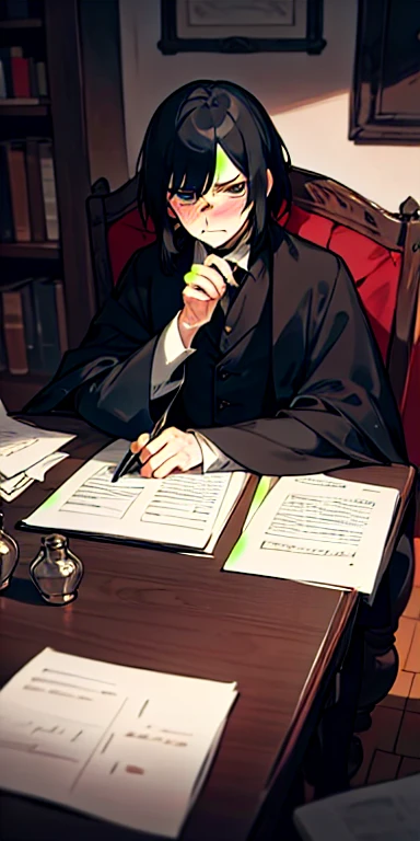 Severus snape, sitting at desk, writing on paper, open books on desk, looking at viewer, annoyed look, handsome, slight blush, potion bottles in background