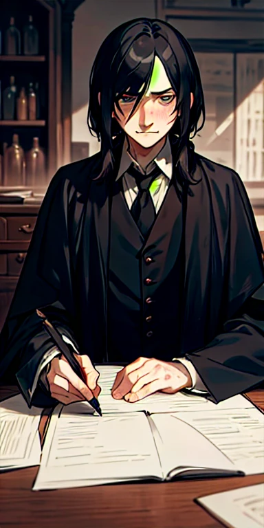Severus snape, sitting at desk, writing on paper, open books on desk, looking at viewer, annoyed look, handsome, slight blush, potion bottles in background