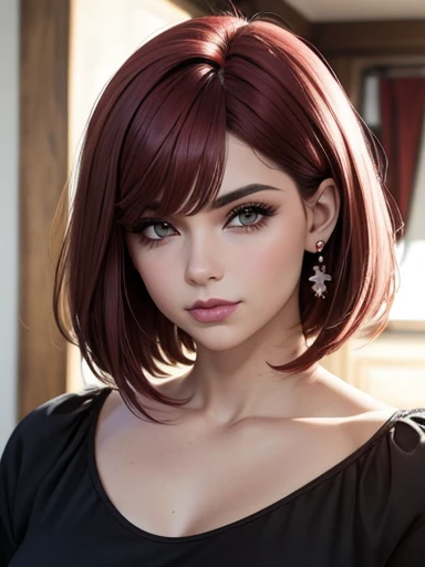 Mujer de cabello rosa corto flequillo ojo claros cuerpo firme senos perfectos leotardo cara tierna sonrojada 