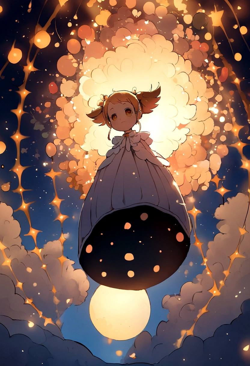 In the sky,A child flying,Character dots