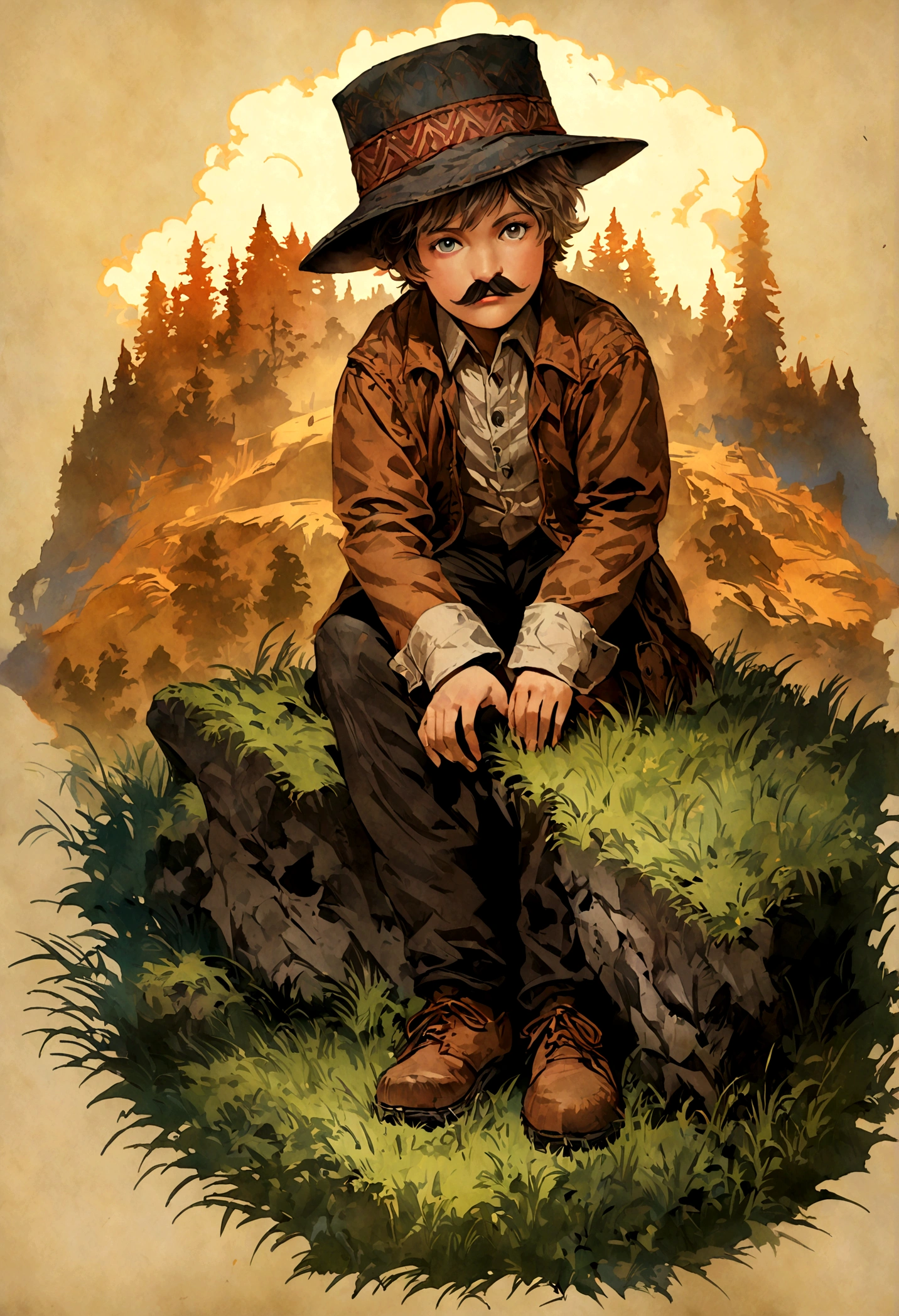 Full body picture of billy the ???, detailed portrait, vintage illustration, high-res, realistic colors, intricate drawing, aged paper texture, vibrant colors, dramatic lighting, full body shot, Nevada hat, nothing but mustache, full body from feet to top. a American eastern 19 town background, with grass and trees