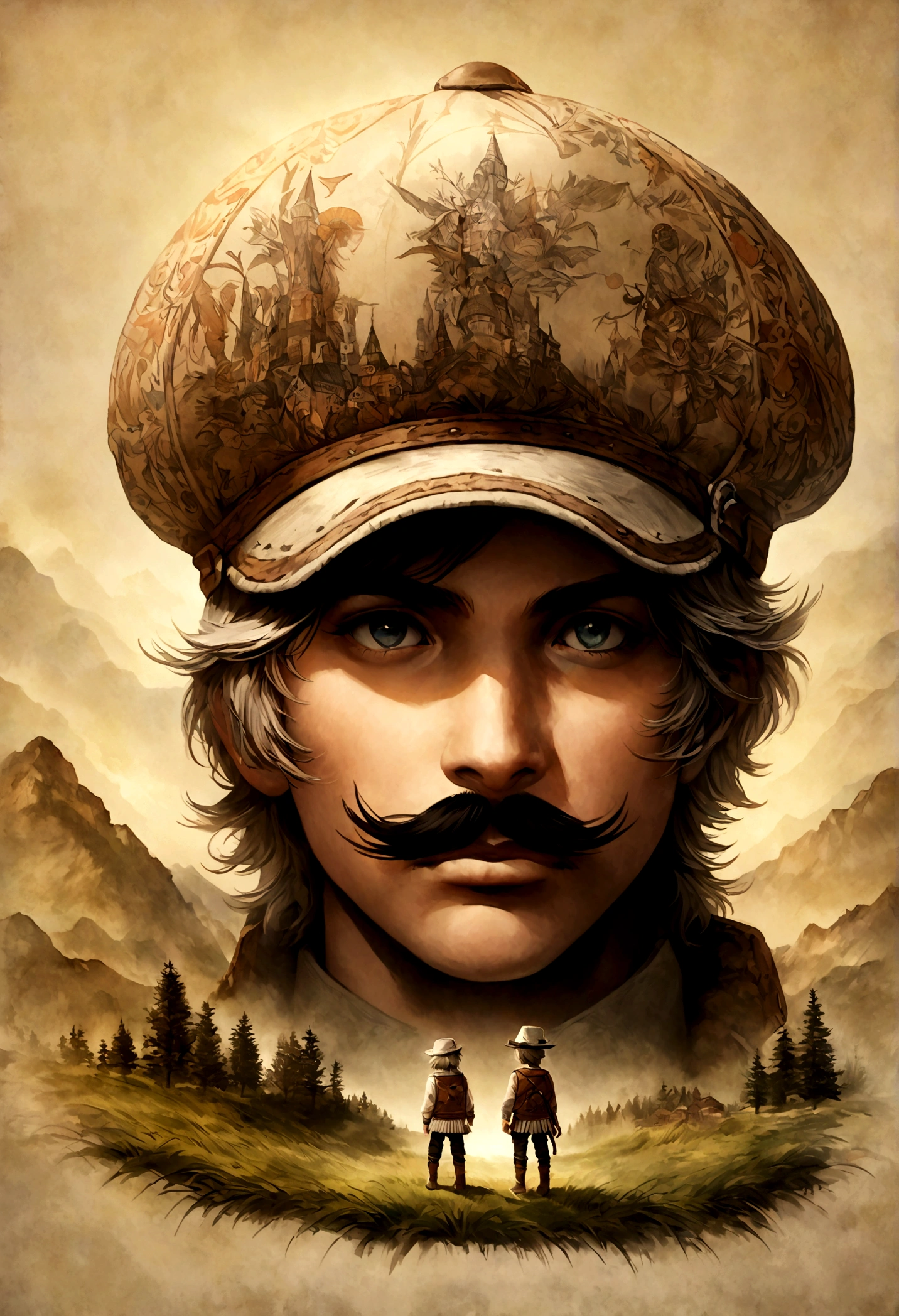 Full body picture of billy the ???, detailed portrait, vintage illustration, high-res, realistic colors, intricate drawing, aged paper texture, vibrant colors, dramatic lighting, full body shot, Nevada hat, nothing but mustache, full body from feet to top. a American eastern 19 town background, with grass and trees