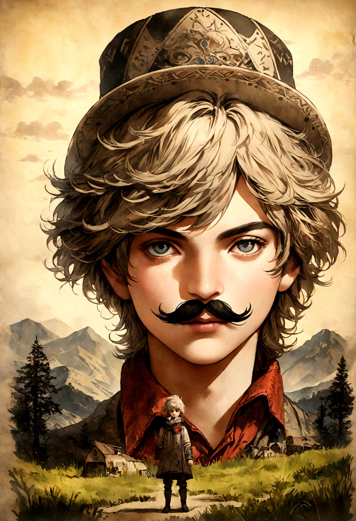 Full body picture of billy the ???, detailed portrait, vintage illustration, high-res, realistic colors, intricate drawing, aged paper texture, vibrant colors, dramatic lighting, full body shot, Nevada hat, nothing but mustache, full body from feet to top. a American eastern 19 town background, with grass and trees