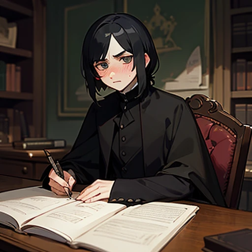 Severus snape, sitting at desk, writing on paper, open books on desk, looking at viewer, annoyed look, handsome, slight blush, potion bottles in background