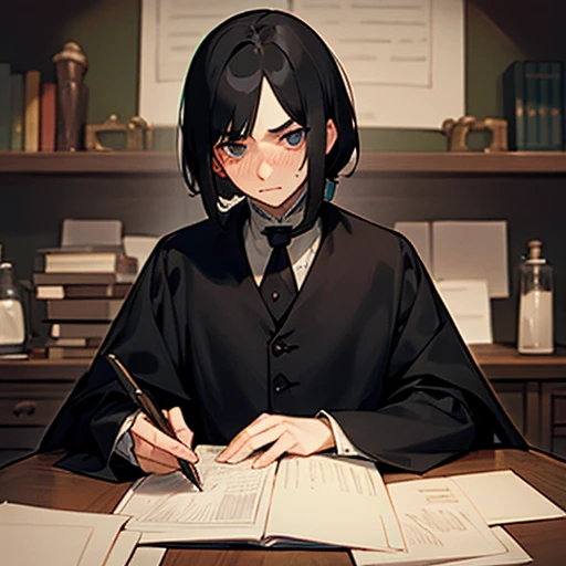 Severus snape, sitting at desk, writing on paper, open books on desk, looking at viewer, annoyed look, handsome, slight blush, potion bottles in background