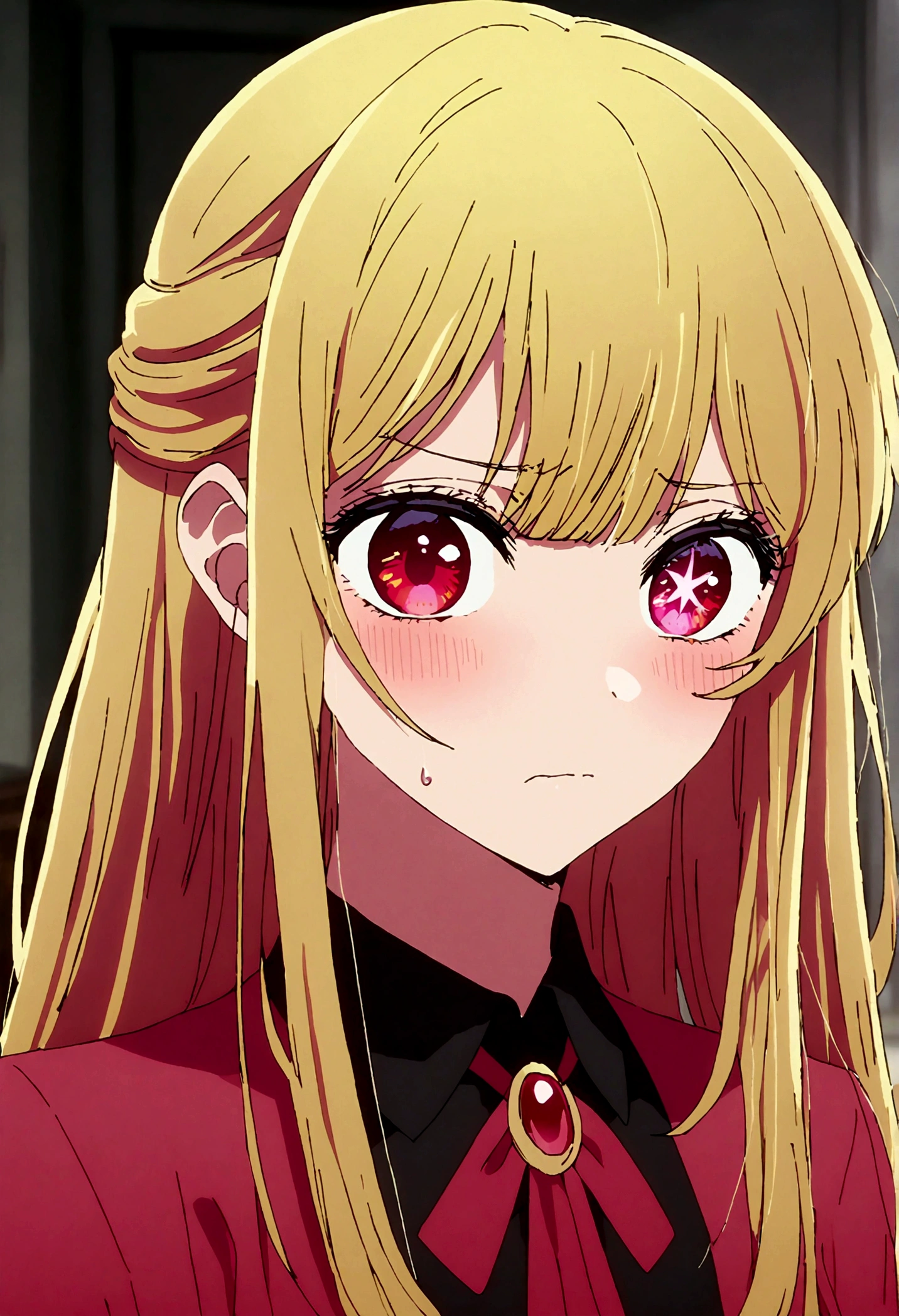 Disgusted Look, hoshinoruby, star-shaped pupils, ruby_hoshino, blonde hair, bangs, 1girl, pink eyes, long hair, looking at viewer, red eyes,