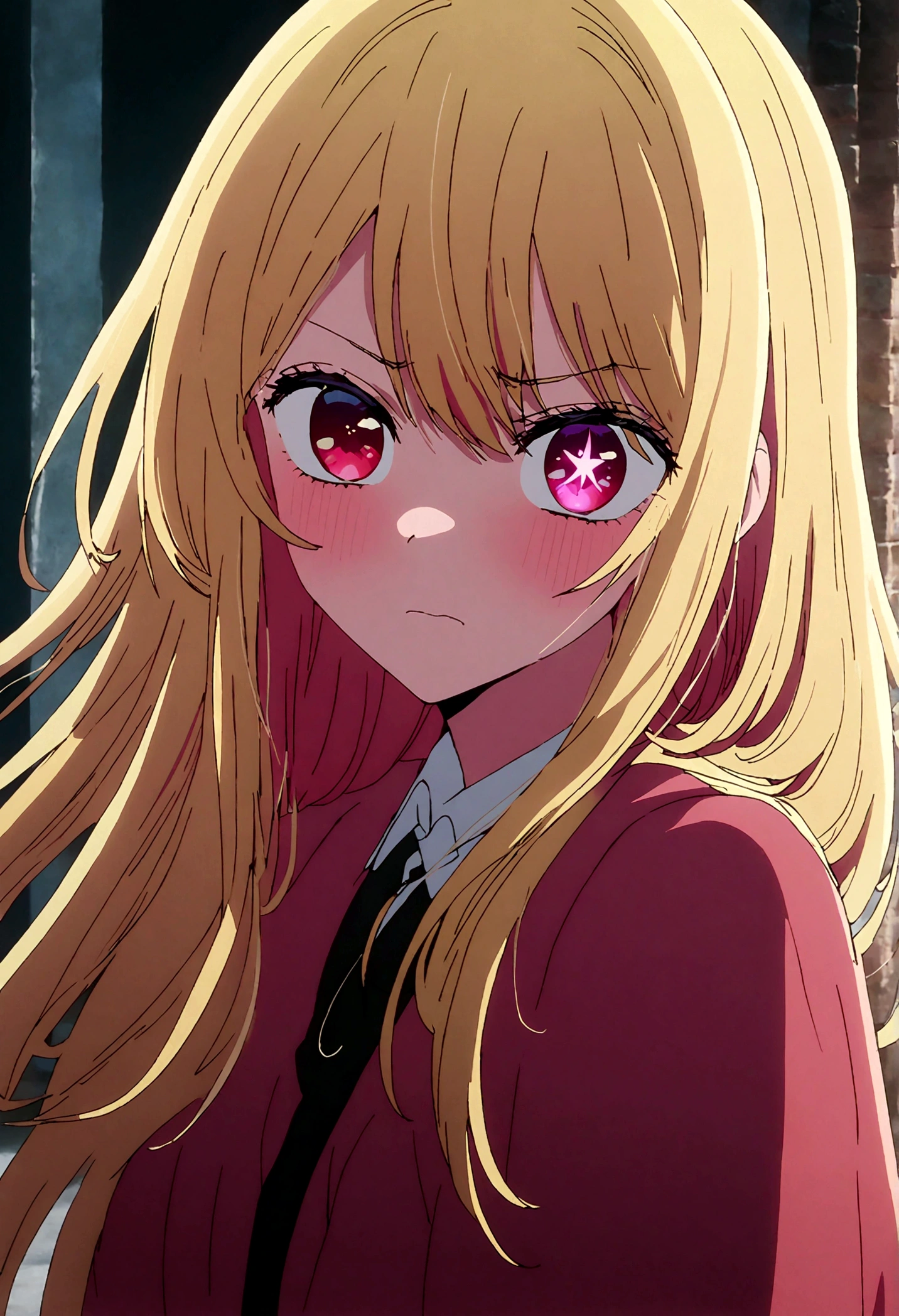 Disgusted Look, hoshinoruby, star-shaped pupils, ruby_hoshino, blonde hair, bangs, 1girl, pink eyes, long hair, looking at viewer, red eyes,