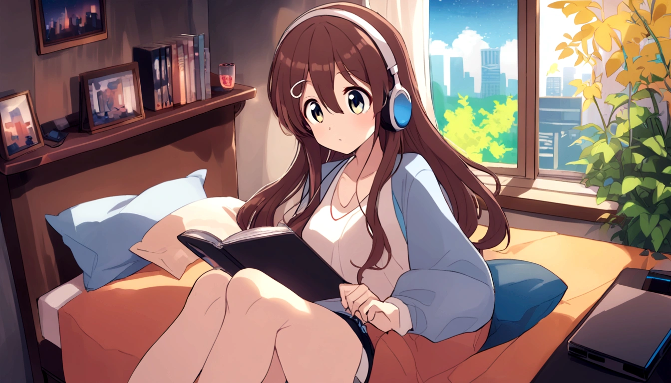 Feminized Maple Manyo, reading a book seriously while listening to music on headphones in bed in her room, girl with long hair, large eyes, city pop style fashion, starry sky outside the window.