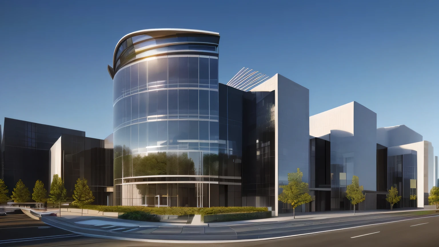 arafed view of a modern building with a curved glass facade, sharp hq rendering, medical research facility, architectural rendering, artstation hq”, precise architectural rendering, office building, architectural render, architectural 3 d render, a photorealistic rendering, render in vray, architecture render ”, architecture render, realistic building, artstation hq, wide angle exterior 2022