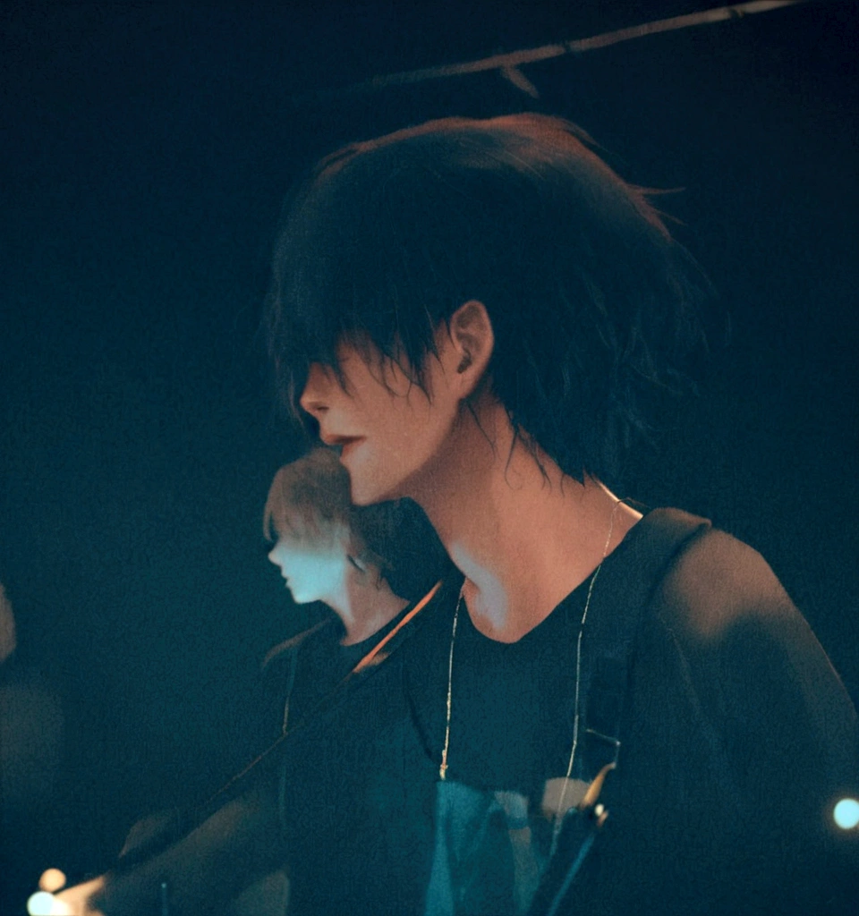 there are two men standing next to each other in a dark room, yuya nagai, shigeto hirai yuya, grainy low quality, shigeto koyama, low quality grainy, taken in the early 2020s, jonny greenwood (lead guitar), jonny greenwood, concert photo, kousuke oono, very grainy, playing guitar, focused, artist, hair covering eyes, back visible and arms holding guitar