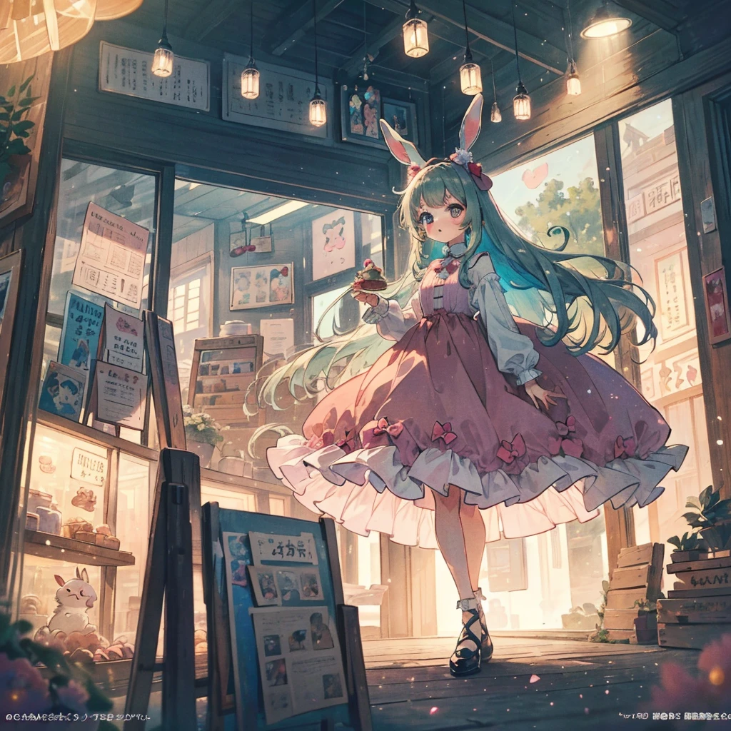One girl, pearlがちりばめられたバニーイヤー, Cute girl with bunny ears, Wearing a beret, pearl, Cute Themes, sweet and Innocent expression, Big eyes, Her bunny ears are soft and fluffy, Pastel Dresses, Cute skirt blouse. A beret is a soft and cozy knit, with small pearl sewn onto it, Shine, Cute Background, Particles of light, Bunny-shaped foam, Cute and colorful patterns of cute animals and sweets, Kawaii Culture, toy. charming and whimsical atmosphere, Magic, Innocent, ,((highest quality)), ((masterpiece)), (Very detailed, Most detailed, Official Art, beautiful ,beautiful),