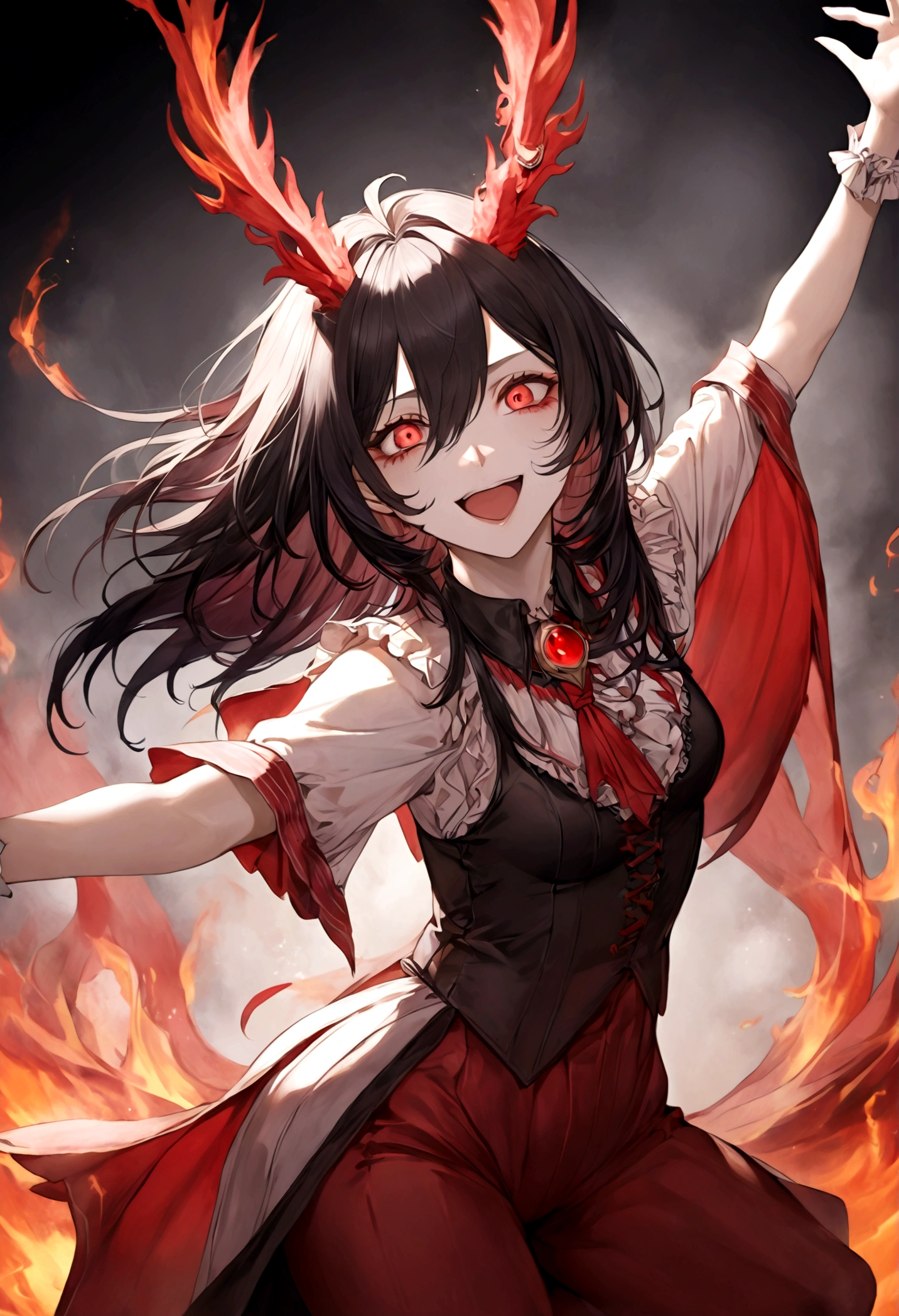 Jester, Red, Black, Rakdos, High Quality, Laughing, Female, Black Sclera, Red Iris, Fire, Magic the Gathering, Androgynous, Adult, Psychopath, Circus, Dancing, Solo, Theatre, Performer, Look Away, Black long Hair, Hair Falling over Face, 30 years old, Milf, Grown Up, Not young looking, Pale, red markings under the eyes; do not look at camera, look up