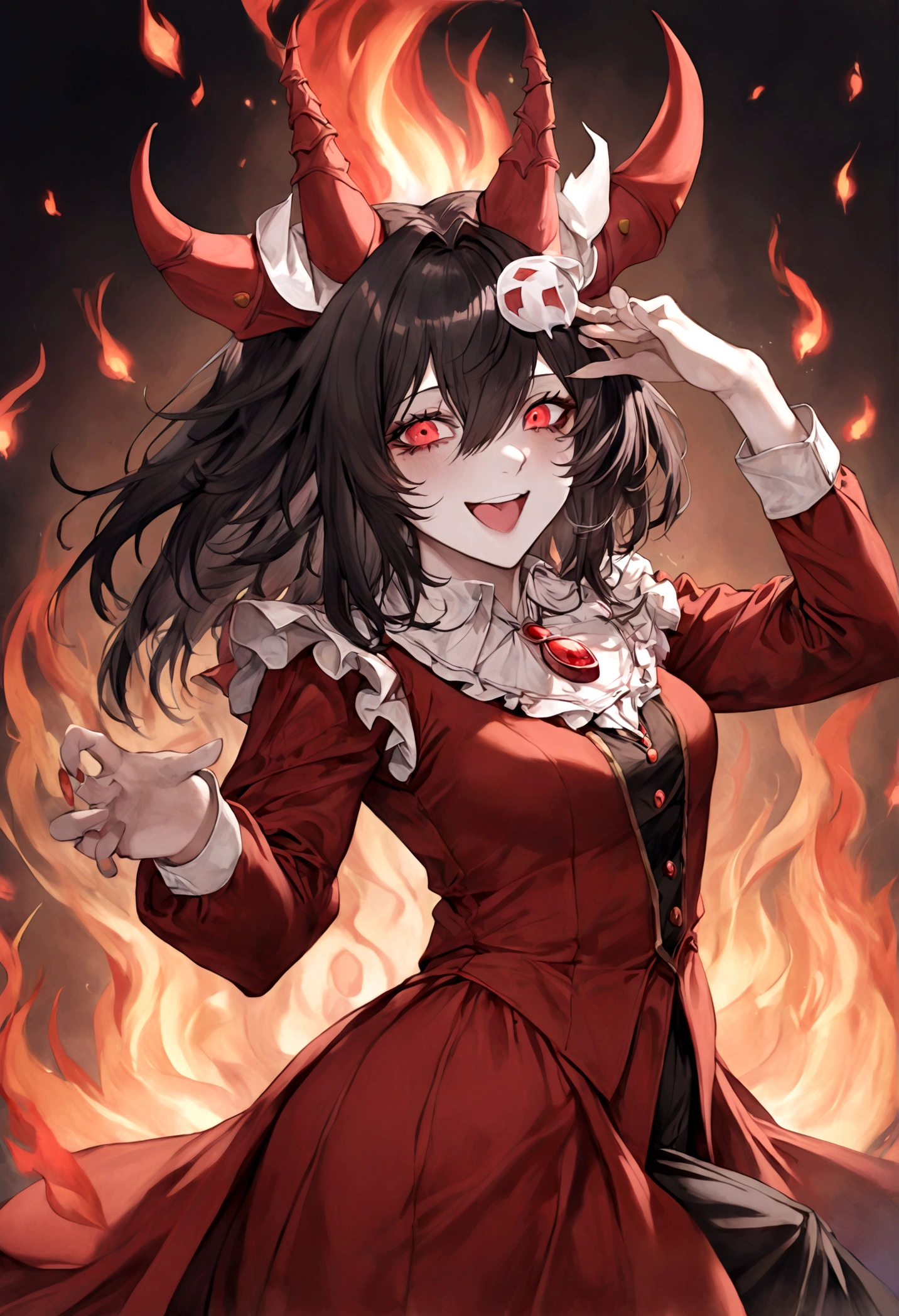 Jester, Red, Black, Rakdos, High Quality, Laughing, Female, Black Sclera, Red Iris, Fire, Magic the Gathering, Androgynous, Adult, Psychopath, Circus, Dancing, Solo, Theatre, Performer, Look Away, Black long Hair, Hair Falling over Face, 30 years old, Milf, Grown Up, Not young looking, Pale, red markings under the eyes; do not look at camera, look up
