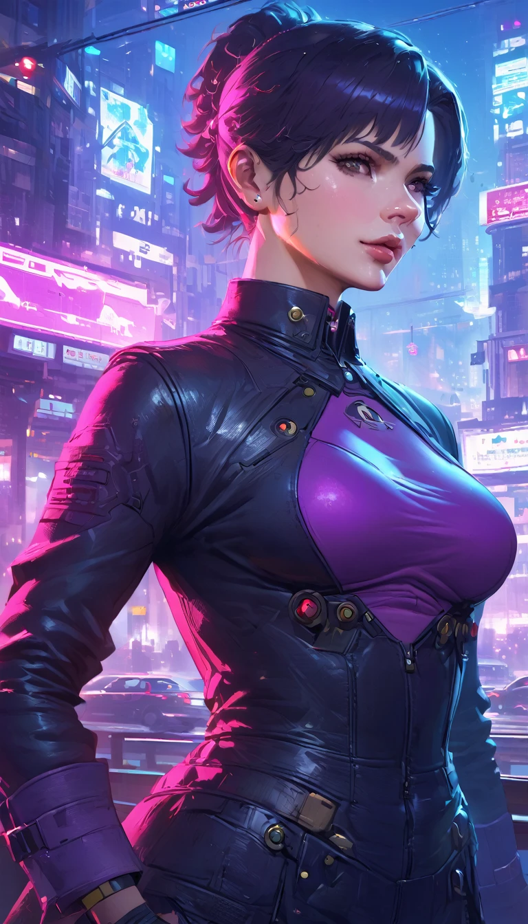 Beautiful woman, anti hero wearing black and purple uniform, laser katana sword in hand, white skin, long black hair, portrait, Jeff Bridges, ((cartoon style)), Marvel Cinematic Universe style, (((cyberpunk city in the background))), soft bokeh of futuristic city, Atey Ghailan, Jeremy Mann, Greg Manchess, Antonio Moro, trend in ArtStation, trend in CGSociety, Intricate, High Detail,  Sharp focus, dramatic and photorealistic painting art by Midjourney and Greg Rutkowski, bokeh in the background