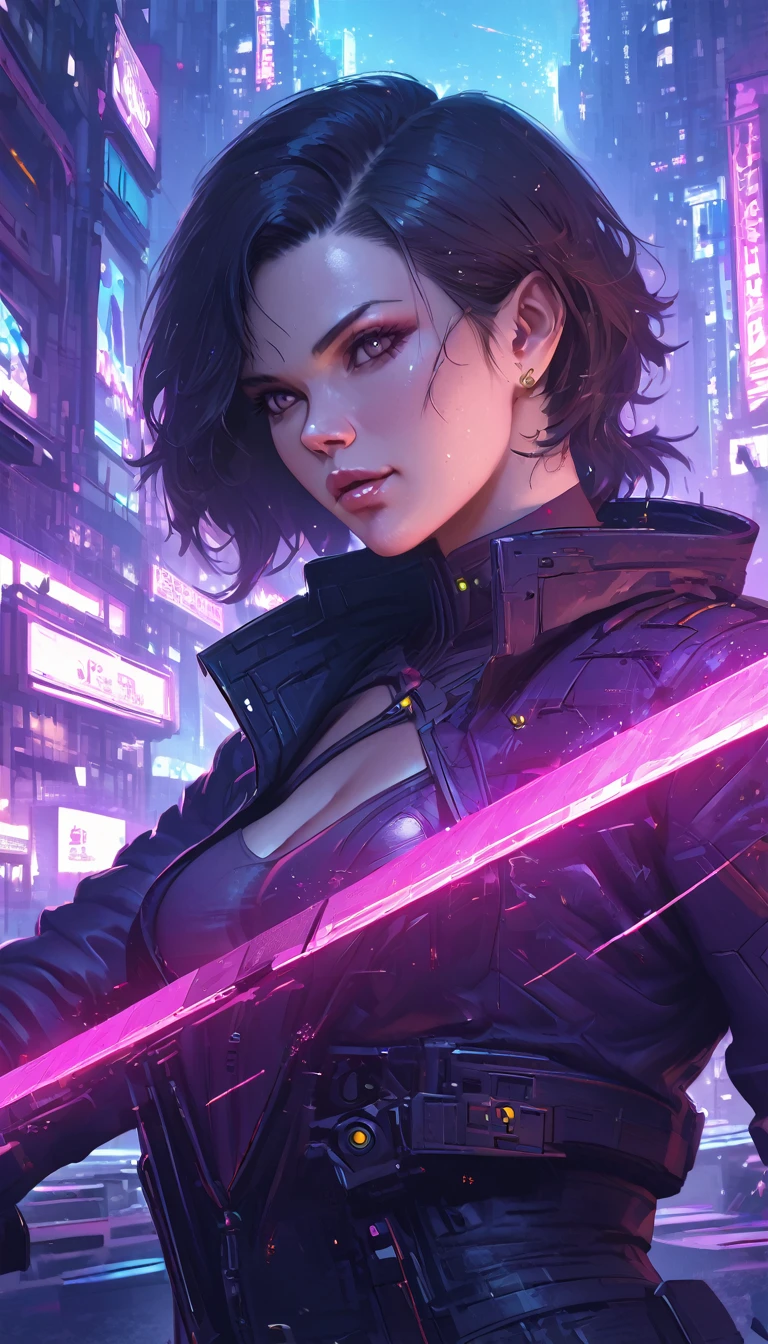 Beautiful woman, anti hero wearing black and purple uniform, laser katana sword in hand, white skin, long black hair, portrait, Jeff Bridges, ((cartoon style)), Marvel Cinematic Universe style, (((cyberpunk city in the background))), soft bokeh of futuristic city, Atey Ghailan, Jeremy Mann, Greg Manchess, Antonio Moro, trend in ArtStation, trend in CGSociety, Intricate, High Detail, Sharp focus, dramatic and photorealistic painting art by Midjourney and Greg Rutkowski, bokeh in the background