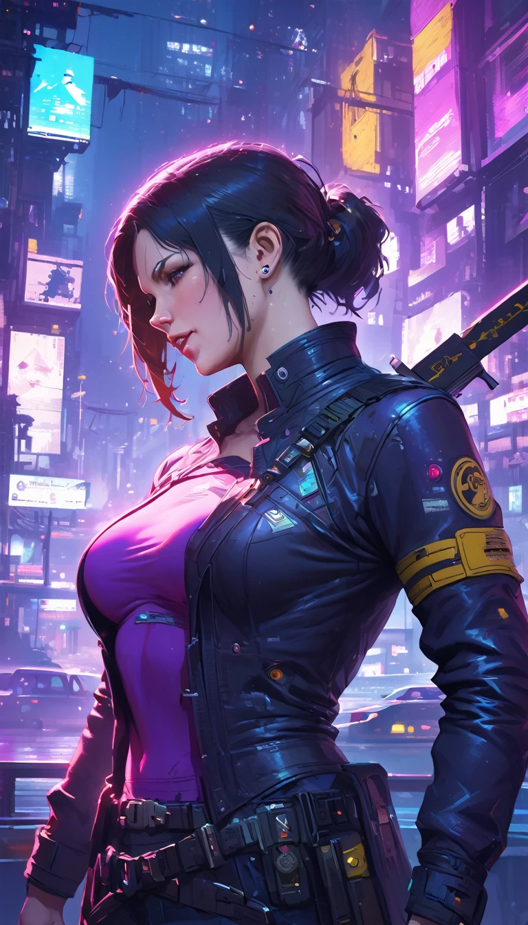 Beautiful woman, anti hero wearing black and purple uniform, laser katana sword in hand, white skin, long black hair, portrait, Jeff Bridges, ((cartoon style)), Marvel Cinematic Universe style, (((cyberpunk city in the background))), soft bokeh of futuristic city, Atey Ghailan, Jeremy Mann, Greg Manchess, Antonio Moro, trend in ArtStation, trend in CGSociety, Intricate, High Detail, Sharp focus, dramatic and photorealistic painting art by Midjourney and Greg Rutkowski, bokeh in the background