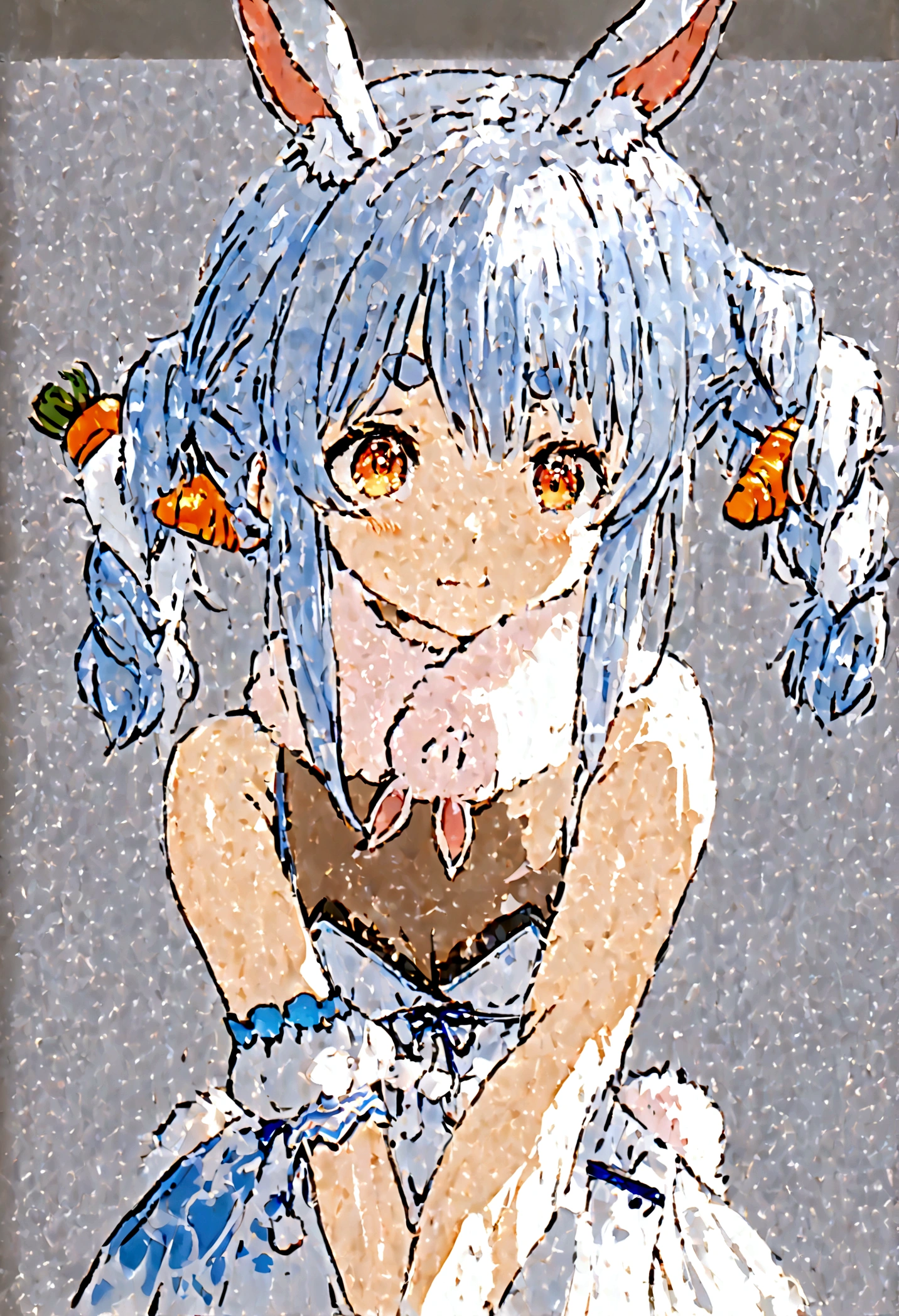 usada pekora, rabbit girl, rabbit ears, animal ear fluff, rabbit tail, twin braids, carrot hair ornament, thick eyebrows