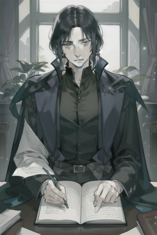 masterpiece, best quality, 1 male, adult, mature, tall muscular guy, Severus snape, sitting at desk, writing on paper, open books on desk, looking at viewer, annoyed look, handsome, slight blush, potion bottles in background