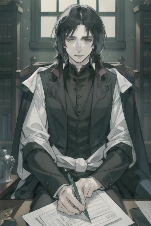 masterpiece, best quality, 1 male, adult, mature, tall muscular guy, Severus snape, sitting at desk, writing on paper, open books on desk, looking at viewer, annoyed look, handsome, slight blush, potion bottles in background