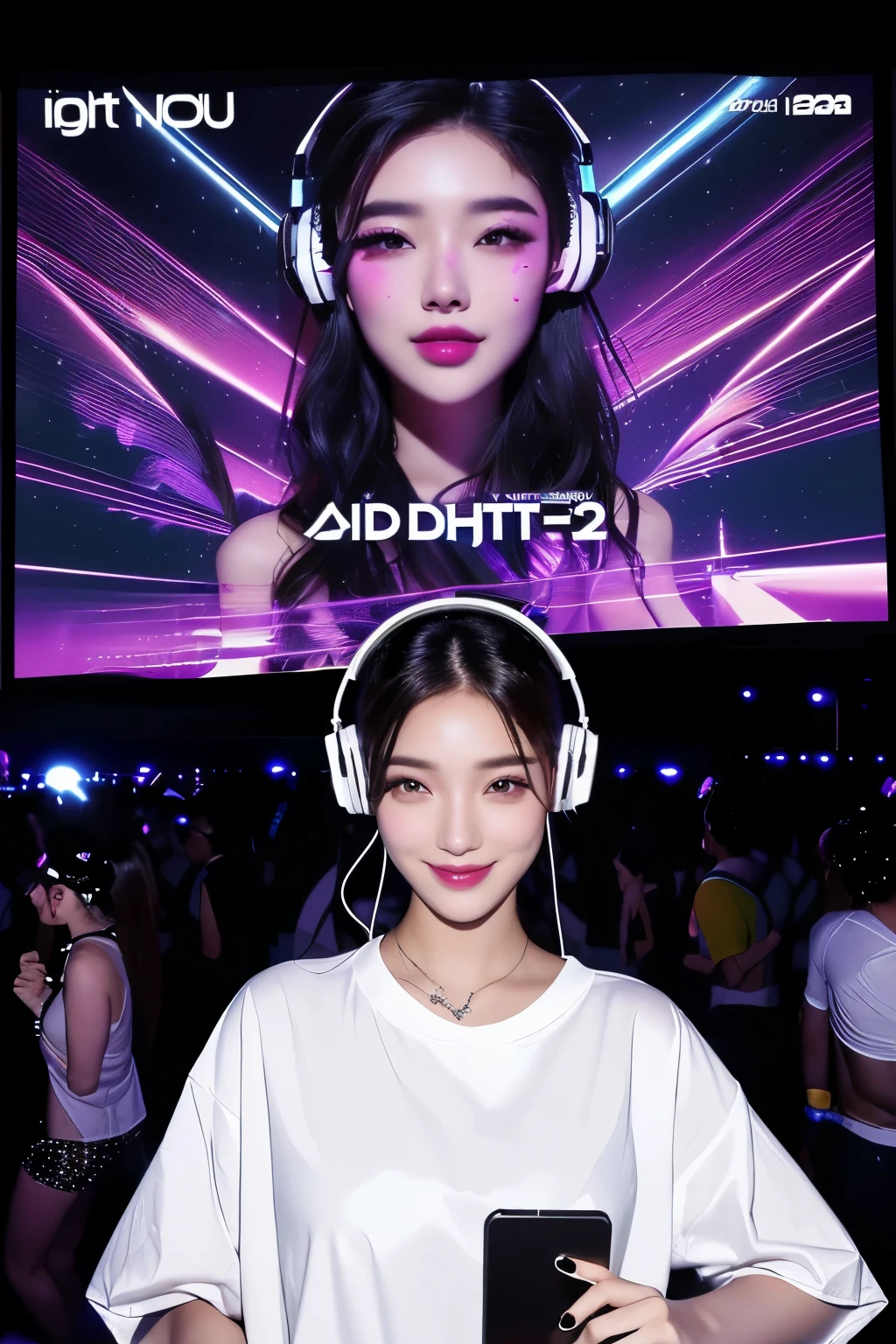 Party poster with beautiful woman in white shirt and headphones, summer festival night, DJ rave party, ((((((((night)))))))) day time, pool party, night, disco party, DJ at a party, summer night, DJ, DJ set, rave party, dance , Andy Park, 2024, 2 0 2 4,