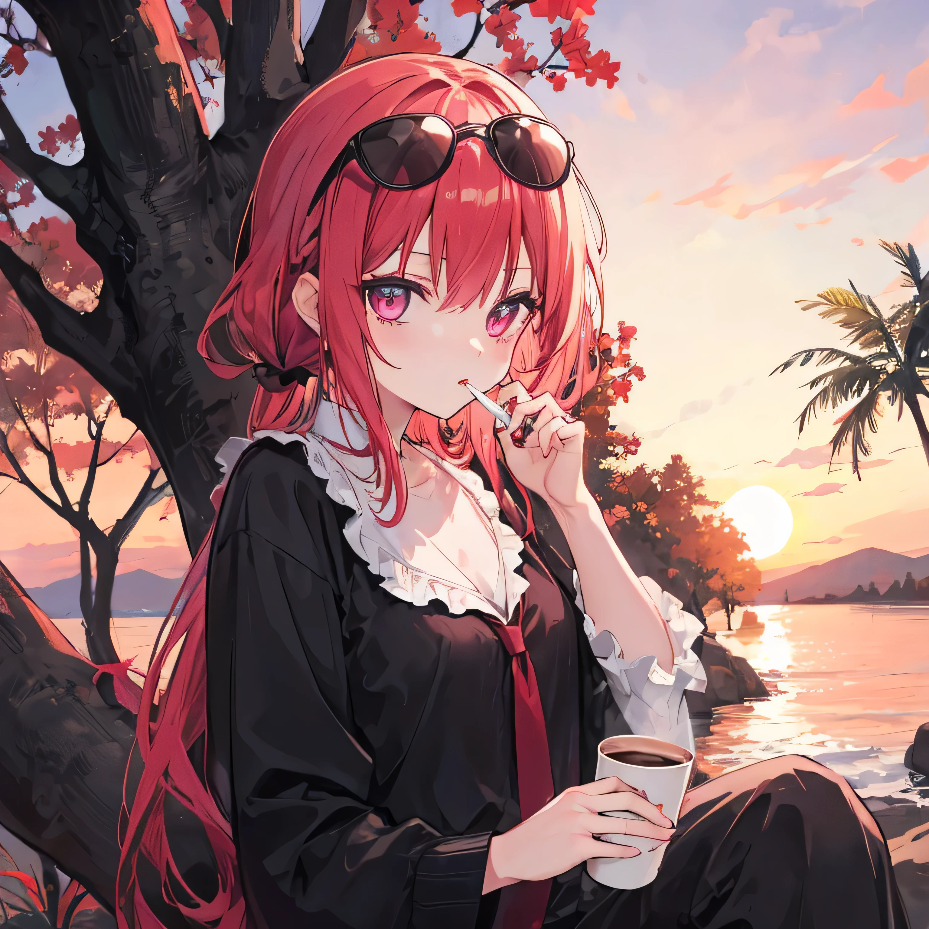 beautiful sunset Satanichia mcdowell drinking coffee dressed in black clothes and posing in a tree crimson eyes magenta red hair semi long sunglasses put on her head