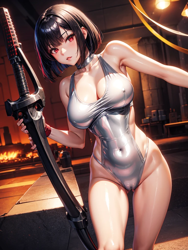 solo girl,Glossy metalic light silver tank top, tight latex shiny, Red interpolation color,Black hair bob,red eyes, camel toe, Samurai Sword,
Lift one leg, sexy lady,, naked girl,