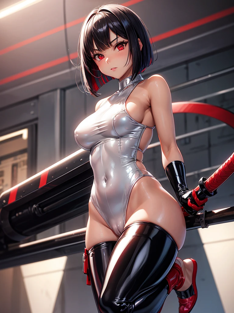 solo girl,Glossy metalic light silver tank top, tight latex shiny, Red interpolation color,Black hair bob,red eyes, camel toe, Samurai Sword,
Lift one leg, sexy lady,, naked girl,