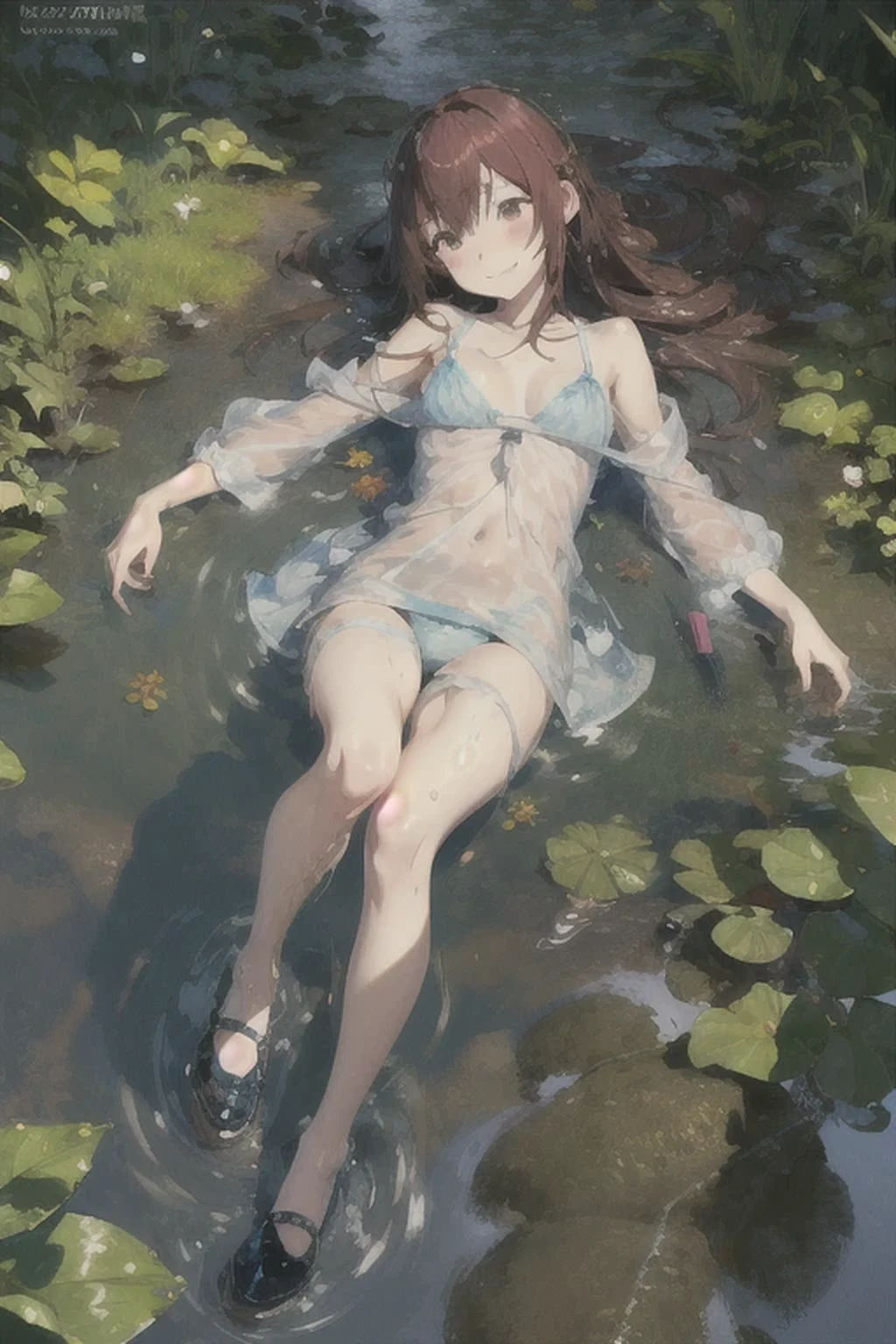 absurd , high resolution, Super detailed, (8 year old girl:1.3), Large Breasts，Happy, rest, Sundress, Ink cap, mary jane shoes, rest, Rich gradients, extreme colors, Extreme details, Clear light perception, rest, (many, Impressionism, ), Anime Characters, rest, The opening of your legs,Fluid between thighs、Flowing liquid，touch、disheveled、Comfortable to wear,Chest contour、(((Wet clothes))),Pipe top，(((Ultra-thin clothing))),(Body model),((Body outline)),Grin, blush,Overactive Expression,
