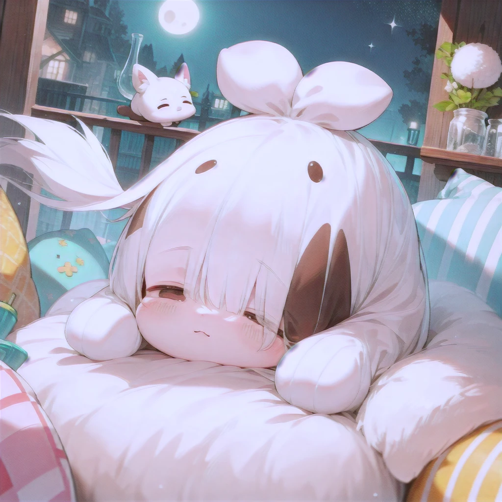 highest quality, Absurd, High resolution,
cute, (Little:1.3), (whole body), (Droopy eyes:1.3),
Little in cushion filled glass jar,
Round animal costume, fluffy, sleeping girl, sleeping Little, sleep, At night, moonlight,