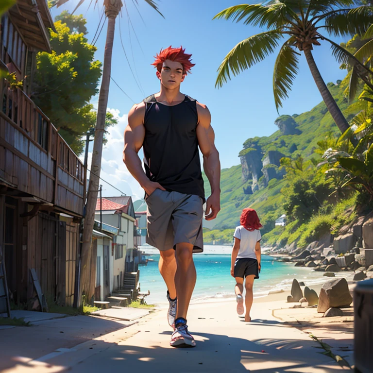 Red-haired teenager, muscle, walk on the beach