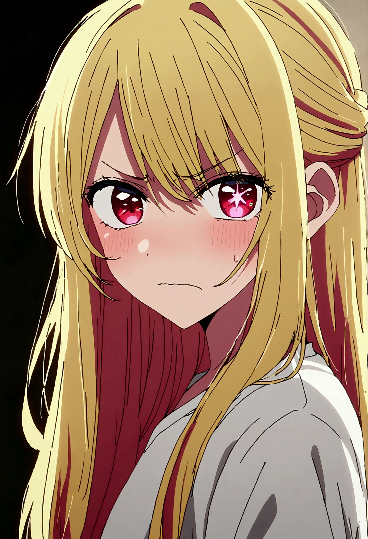 Disgusted Look, hoshinoruby, star-shaped pupils, ruby_hoshino, blonde hair, bangs, 1girl, pink eyes, long hair, looking at viewer, red eyes, Angry face,