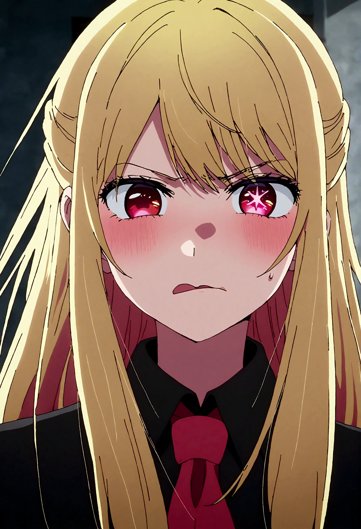 Disgusted Look, hoshinoruby, star-shaped pupils, ruby_hoshino, blonde hair, bangs, 1girl, pink eyes, long hair, looking at viewer, red eyes, Angry face,