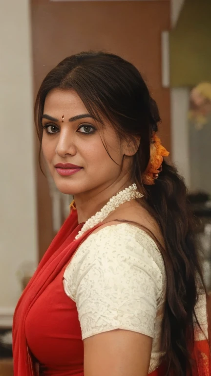 extreme close up photo of sexy indian, front view, curvy, red saree, in kitchen, French braid hair
