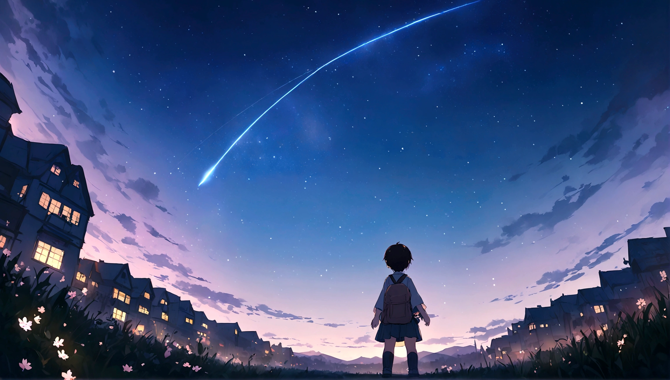 City of night、The sky is wonderful、meteor、3 year old little boy sitting on top of a building、Brown Hair、Back view、The city is bright with streetlights、Landscape Main、highest quality、Anime Scenery、Xin Haichen、building、Field、Milky Way 110207, distant 3 year old little boy staring at
the performer，（Zoom out：1.1），（meteor：1.2）、（comet：1.1，yourname、Low Angle、From behind、Alola、shooting star、cherry blossoms、Standing in the Field、highest quality、masterpiece、cloud、colorful、Starry Sky、performer、
