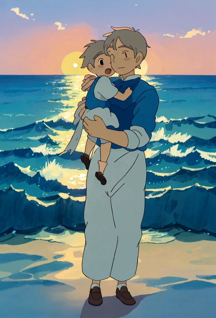 at the seaside，Sunset Love，A father holding his child&#39;s hand