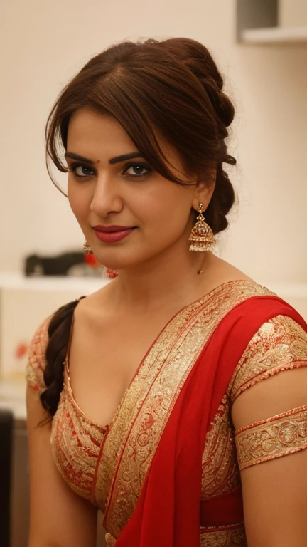 extreme close up photo of sexy indian, front view, curvy, red saree, in kitchen, French braid hair