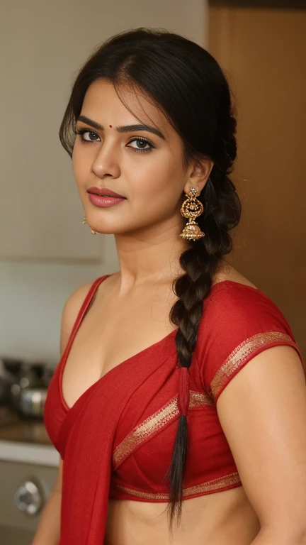 extreme close up photo of sexy indian, front view, curvy, red saree, in kitchen, French braid hair