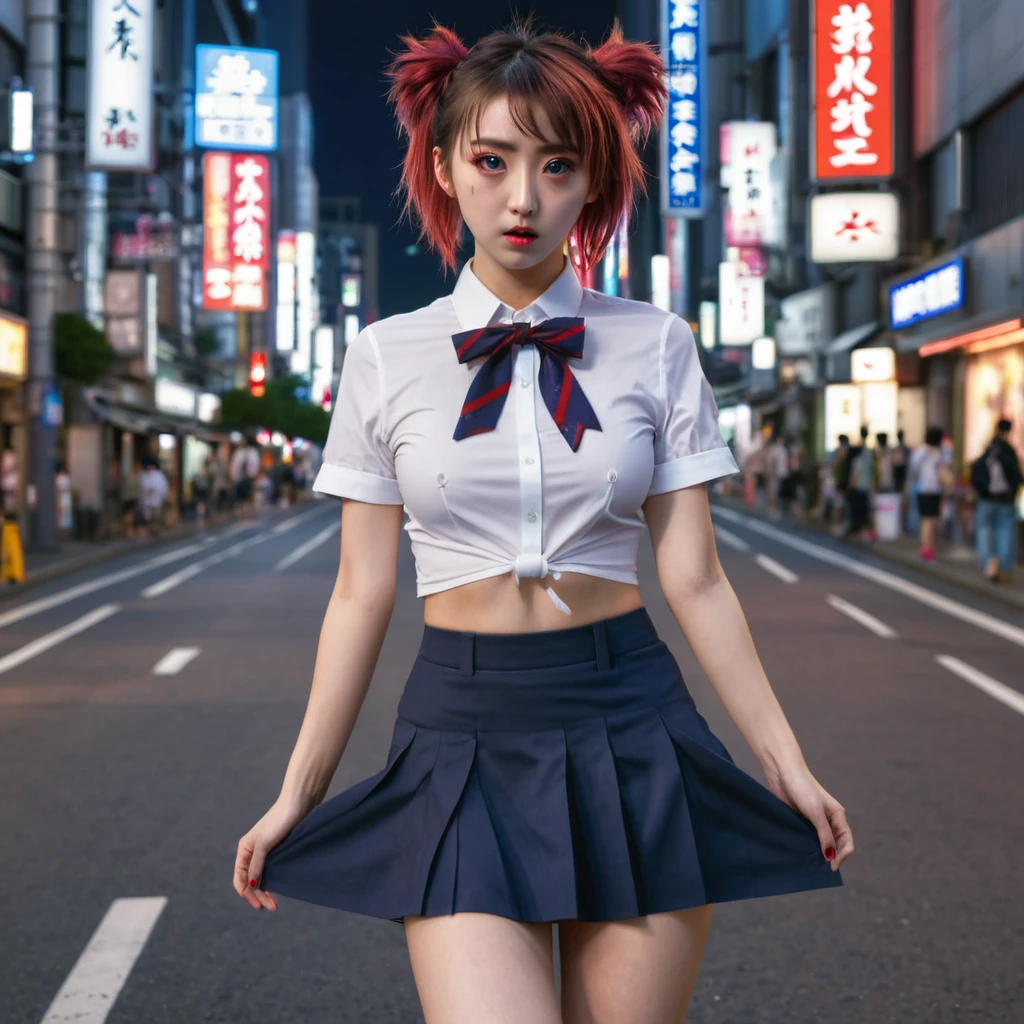 (8k, RAW photo, masterpiece:1.3), (realistic, photo-realistic:1.37), (night), (looking at viewer:1.331), (bloody hair), posing, Tokyo street, nightcityscape, cyberpunk city, soft light, naked girl, extremely beautiful face, bust, put down hands, Random hairstyle, Random expression, big eyes, lower abdomen, (short-sleeved .JK_shirt), JK_style, (dark blue short JK_skirt), (bow JK_tie), mix4., best quality