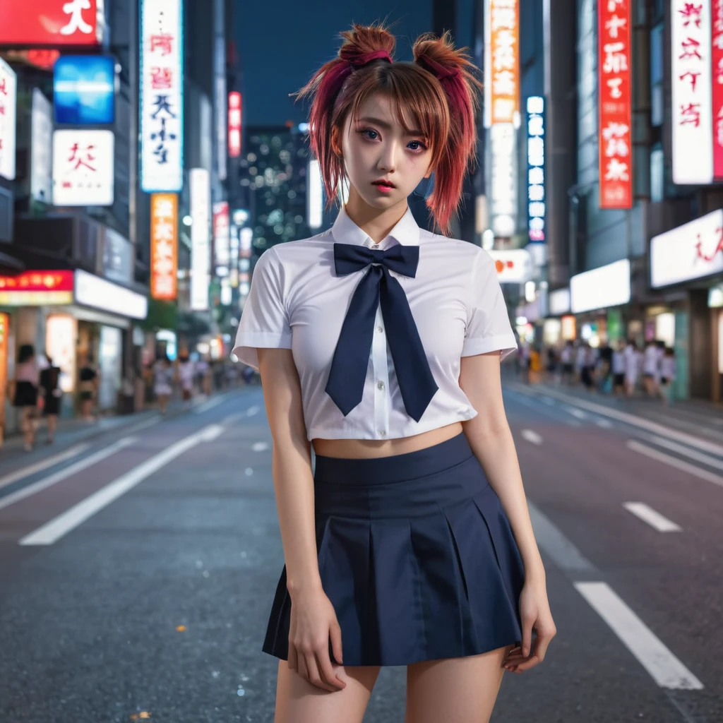 (8k, RAW photo, masterpiece:1.3), (realistic, photo-realistic:1.37), (night), (looking at viewer:1.331), (bloody hair), posing, Tokyo street, nightcityscape, cyberpunk city, soft light, naked girl, extremely beautiful face, bust, put down hands, Random hairstyle, Random expression, big eyes, lower abdomen, (short-sleeved .JK_shirt), JK_style, (dark blue short JK_skirt), (bow JK_tie), mix4., best quality