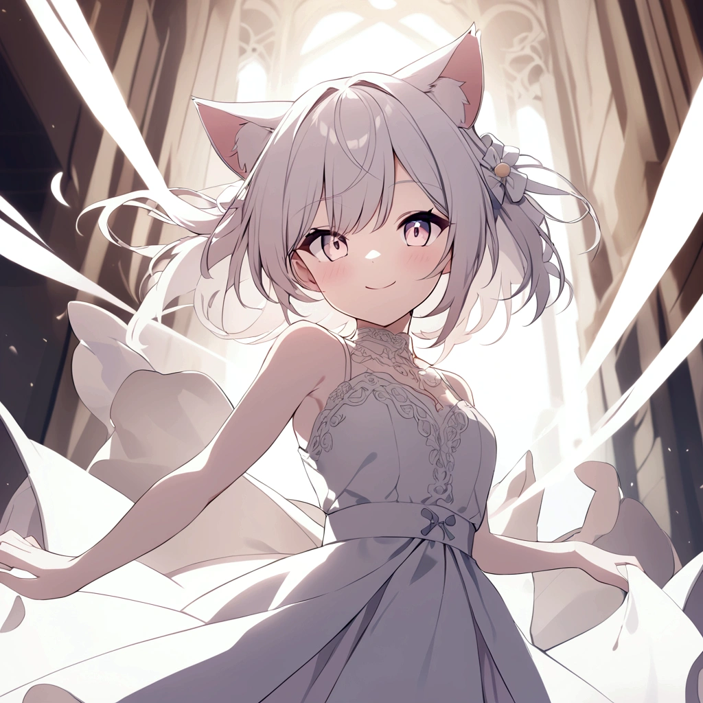 Girl with cat ears White dress smile front