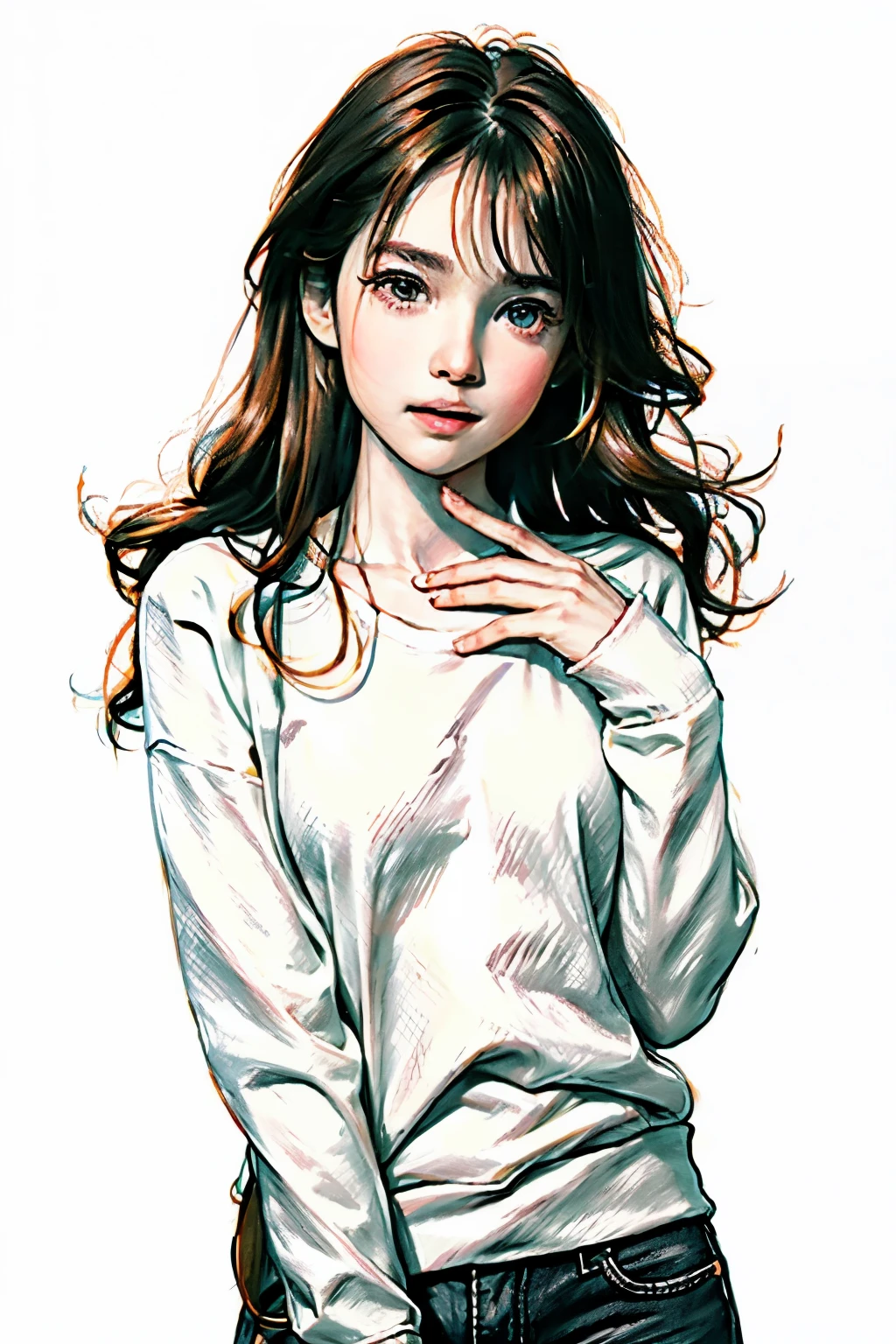 portrait,sketch,monochrome,Grayscale,((blush)),1 girl,((Cowboy shooting)),((close up)), ((Shut up)), Small lips,short hair,White sweatshirt, Moderate Room,1 Girl, Solitary, The lens is shot from bottom to top,Fisheye lens,Smile,Squint,Tyndall effect, bust, White long-sleeved sweatshirt, Long hair, Medium chest, brown hair, long hair, Very charming eyes, Viewer,permanent,Upper Body, ((Simple background)),White background,