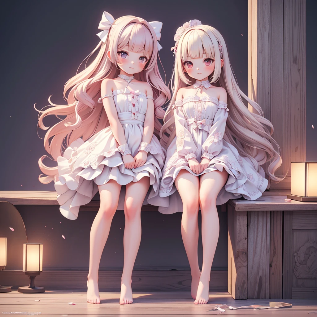 ((bishojo)), ((jk, 2 girls)), (masterpiece), (top quality), (hyper detailed), (exquisite), (depth), (crisp), (8k), (beautiful and aesthetic), (super detailed skin), (high standard), (high resolution), (perfect anatomy), ((full body)), (blush), (bare foot), (wariza), (lace strapless clothes), (blunt bangs), (bow in hair)