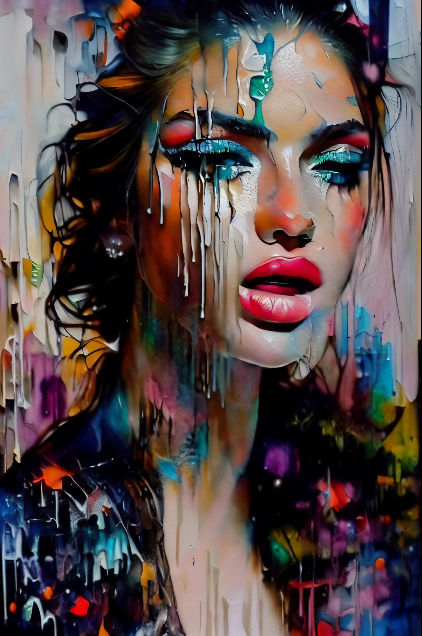 masterpiece, best quality, extremely detailed, hyperrealistic, photorealistic, watercolor painting, graffiti art, abstraction, a beautiful 20s russian model, abstracted, oil painting, thick oil, on a colorful background, graffiti art, dripping paint, 3 colors