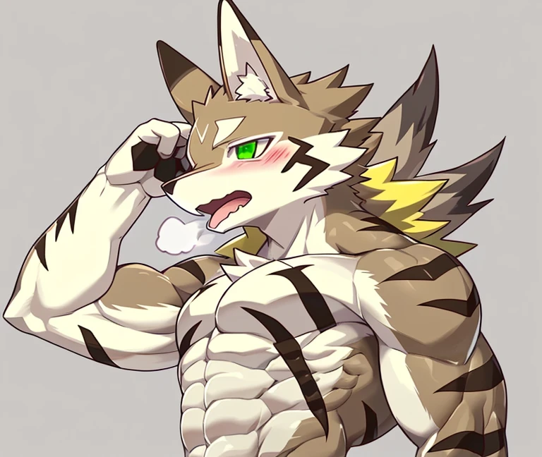 Seto (Tokyo After-School Summoners), Seto(Wandering Longing), Seth (it), Seto, Kazuma Koda, coyote, Green Eye, Grey Body, white body, Brown Body, stripes, Striped body, naked body, Muscular men, NSFW Works, pixiv[R-18], It's very obvious, Muscular, Very muscular, Abdominal muscles, Arm muscles, Sharp contours, shadowy, blush, Panting, Breath