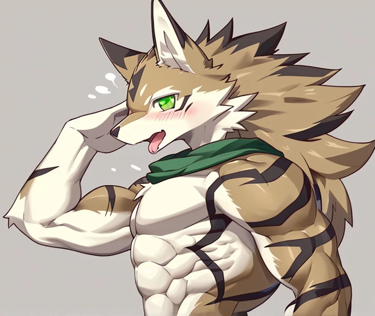 Seto (Tokyo After-School Summoners), Seto(Wandering Longing), Seth (it), Seto, Kazuma Koda, coyote, gold necklace, Gold jewelry, Ear piercing, naked body, Green Eye, Grey Body, white body, Brown Body, stripes, Striped body, Muscular men, High Quality, 8K, High image quality, NSFW Works, pixiv, colorful background, bright background, Business card, shadowy, Muscular, blush, A composition where the whole body is visible, The right ratio, Sexy, On the bed, Lying down, tempt, Shameful, taut, Animal genitalia, Erotic, reproductive fluid, Fluids, the sweat, scruffy, breathing clouds, Breath, moaning, Erection, stimulation, Flowing