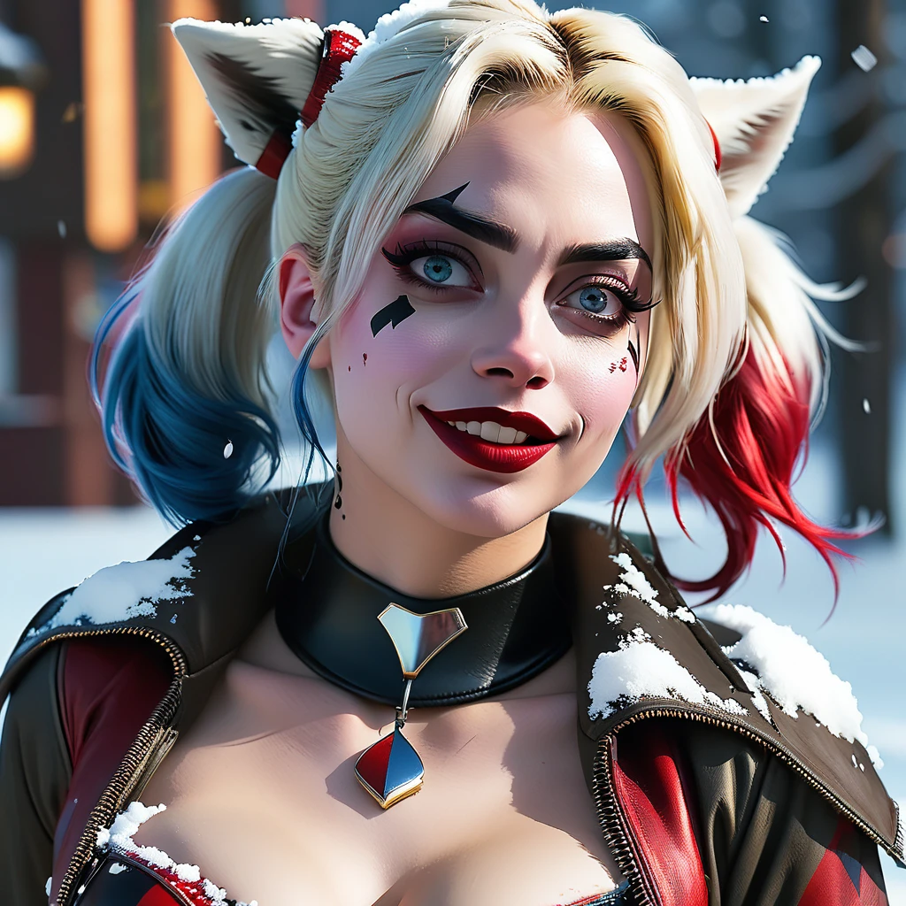 4k highly detailed realistic digital extremely high quality RAW photograph, a portrait photo of Harley Quinn that lived with wolves her whole life is now leading them to battle. torn clothes exposing (nude:1.4) body, armored pauldrons, fangs, curled horns, big breasts, ((snow and blood)), ((wolf tattoos)), epic, hyperrealistic, hyperrealism, 8k, cinematic lighting, greg rutkowski, wlop, (f1.8 short focus bokeh)